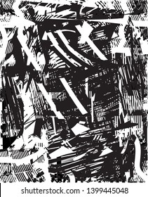 Distressed background in black and white texture with dots, spots, scratches and lines. Abstract vector illustration