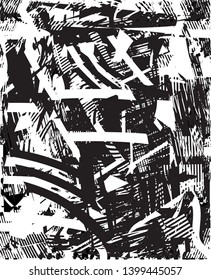 Distressed background in black and white texture with dots, spots, scratches and lines. Abstract vector illustration