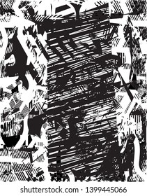 Distressed background in black and white texture with dots, spots, scratches and lines. Abstract vector illustration