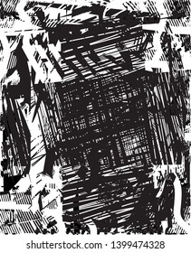 Distressed background in black and white texture with dots, spots, scratches and lines. Abstract vector illustration