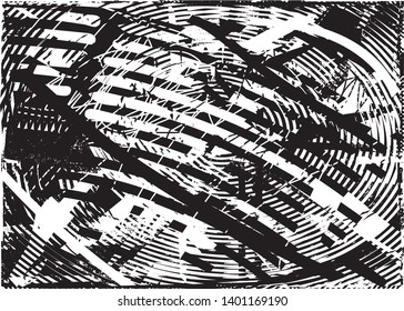 Distressed background in black and white texture with dots, spots, scratches and lines. Abstract vector illustration