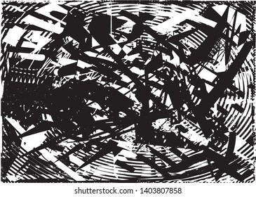 Distressed background in black and white texture with dots, spots, scratches and lines. Abstract vector illustration