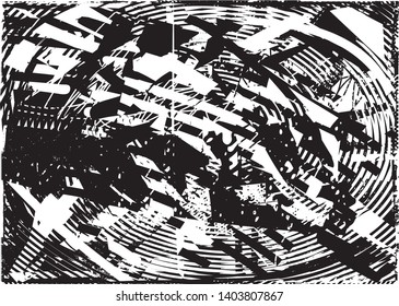 Distressed background in black and white texture with dots, spots, scratches and lines. Abstract vector illustration