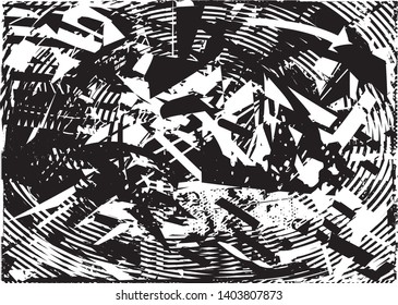 Distressed background in black and white texture with dots, spots, scratches and lines. Abstract vector illustration