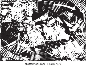 Distressed background in black and white texture with dots, spots, scratches and lines. Abstract vector illustration