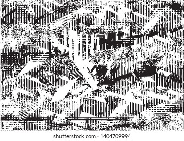 Distressed background in black and white texture with dots, spots, scratches and lines. Abstract vector illustration