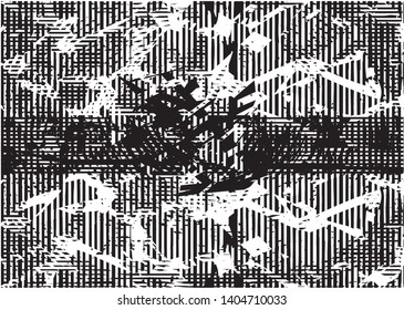 Distressed background in black and white texture with dots, spots, scratches and lines. Abstract vector illustration