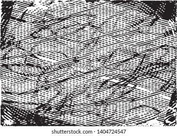 Distressed background in black and white texture with dots, spots, scratches and lines. Abstract vector illustration