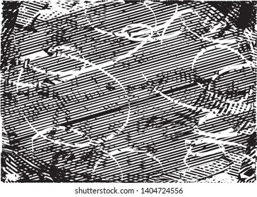 Distressed background in black and white texture with dots, spots, scratches and lines. Abstract vector illustration