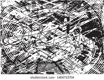 Distressed background in black and white texture with dots, spots, scratches and lines. Abstract vector illustration