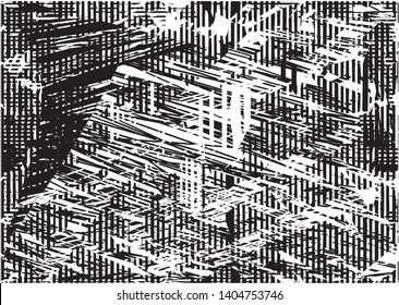 Distressed background in black and white texture with dots, spots, scratches and lines. Abstract vector illustration