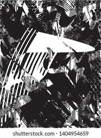 Distressed background in black and white texture with dots, spots, scratches and lines. Abstract vector illustration