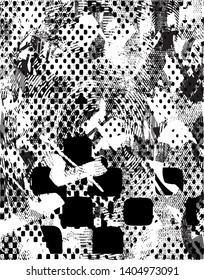 Distressed background in black and white texture with dots, spots, scratches and lines. Abstract vector illustration