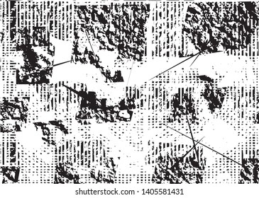 Distressed background in black and white texture with dots, spots, scratches and lines. Abstract vector illustration