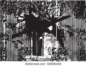 Distressed background in black and white texture with dots, spots, scratches and lines. Abstract vector illustration