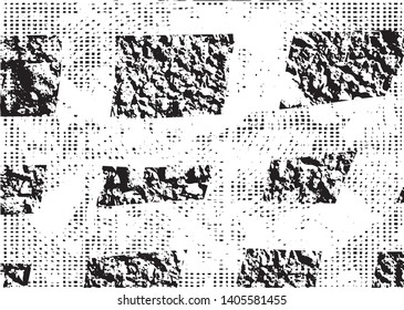 Distressed background in black and white texture with dots, spots, scratches and lines. Abstract vector illustration