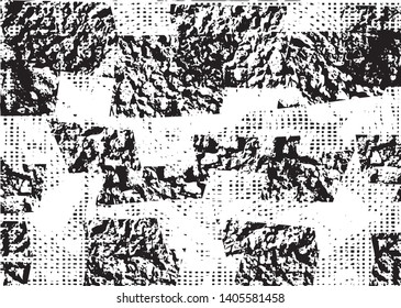 Distressed background in black and white texture with dots, spots, scratches and lines. Abstract vector illustration