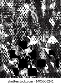 Distressed background in black and white texture with dots, spots, scratches and lines. Abstract vector illustration