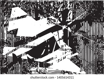 Distressed background in black and white texture with dots, spots, scratches and lines. Abstract vector illustration