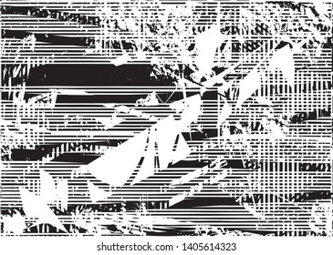 Distressed background in black and white texture with dots, spots, scratches and lines. Abstract vector illustration