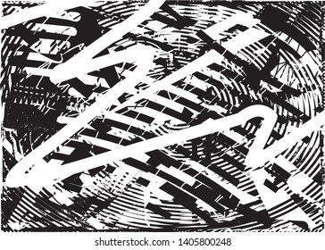 Distressed background in black and white texture with dots, spots, scratches and lines. Abstract vector illustration