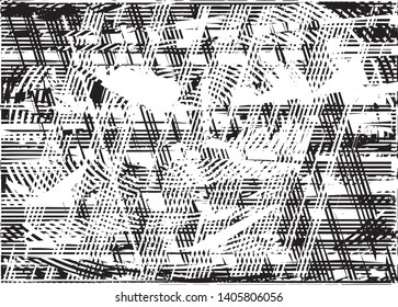 Distressed background in black and white texture with dots, spots, scratches and lines. Abstract vector illustration