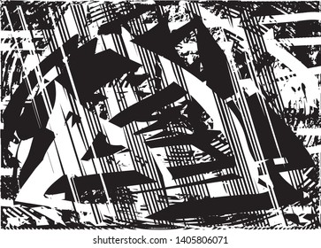 Distressed background in black and white texture with dots, spots, scratches and lines. Abstract vector illustration