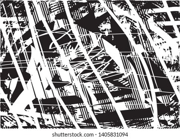 Distressed background in black and white texture with dots, spots, scratches and lines. Abstract vector illustration