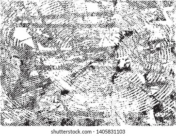 Distressed background in black and white texture with dots, spots, scratches and lines. Abstract vector illustration