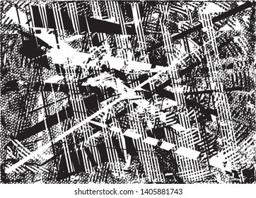 Distressed background in black and white texture with dots, spots, scratches and lines. Abstract vector illustration