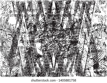 Distressed background in black and white texture with dots, spots, scratches and lines. Abstract vector illustration