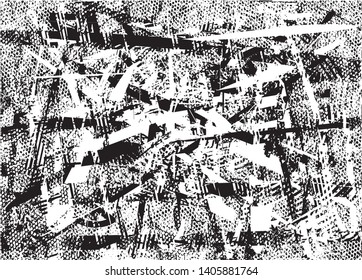 Distressed background in black and white texture with dots, spots, scratches and lines. Abstract vector illustration