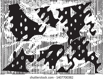 Distressed background in black and white texture with dots, spots, scratches and lines. Abstract vector illustration