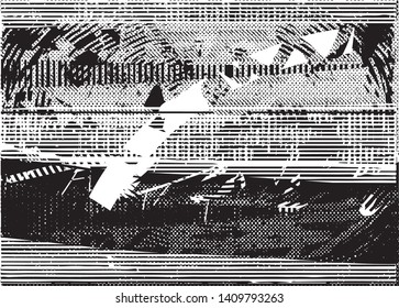 Distressed background in black and white texture with dots, spots, scratches and lines. Abstract vector illustration