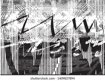 Distressed background in black and white texture with dots, spots, scratches and lines. Abstract vector illustration
