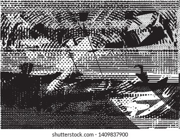 Distressed background in black and white texture with dots, spots, scratches and lines. Abstract vector illustration