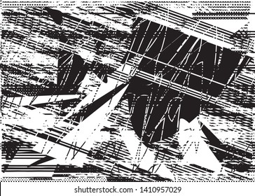 Distressed background in black and white texture with  dark spots, scratches and lines. Abstract illustration