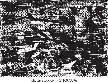 Distressed background in black and white texture with dots, spots, scratches and lines. Abstract vector illustration