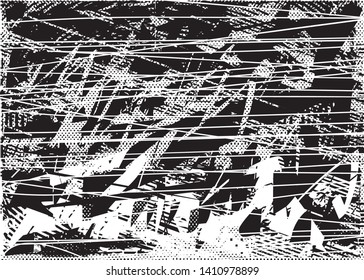 Distressed background in black and white texture with dots, spots, scratches and lines. Abstract vector illustration