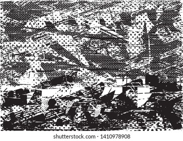 Distressed background in black and white texture with dots, spots, scratches and lines. Abstract vector illustration