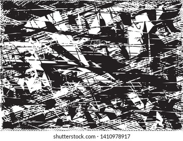 Distressed background in black and white texture with dots, spots, scratches and lines. Abstract vector illustration