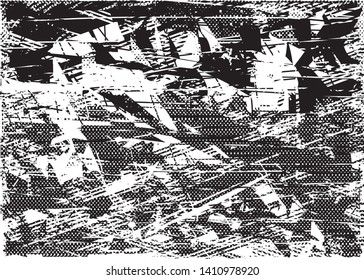 Distressed background in black and white texture with dots, spots, scratches and lines. Abstract vector illustration