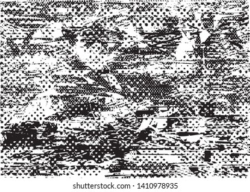 Distressed background in black and white texture with dots, spots, scratches and lines. Abstract vector illustration