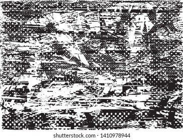 Distressed background in black and white texture with dots, spots, scratches and lines. Abstract vector illustration