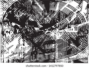 Distressed background in black and white texture with dots, spots, scratches and lines. Abstract vector illustration