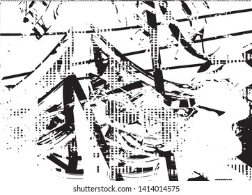Distressed background in black and white texture with dots, spots, scratches and lines. Abstract vector illustration