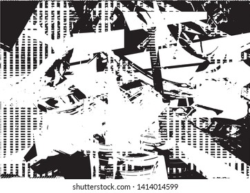 Distressed background in black and white texture with dots, spots, scratches and lines. Abstract vector illustration