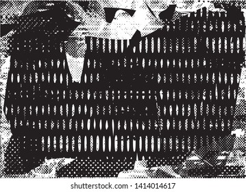Distressed background in black and white texture with dots, spots, scratches and lines. Abstract vector illustration