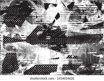 Distressed background in black and white texture with dots, spots, scratches and lines. Abstract vector illustration