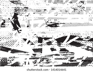 Distressed background in black and white texture with dots, spots, scratches and lines. Abstract vector illustration